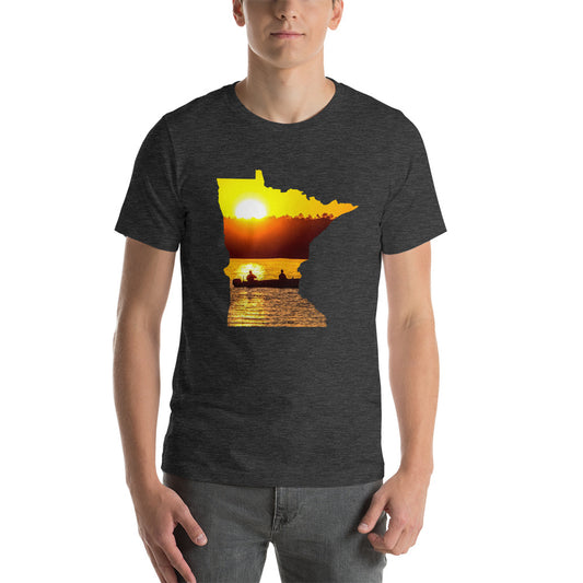 Minnesota Lake Reflection Fisherman In Boat T-Shirt - MN Up North Fishing Sunset Design Shirt - Dark Grey Heather / XS - Ope Life