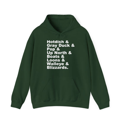 Hotdish and Gray Duck Minnesota things hoodie with white text