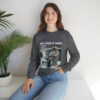 Minnesota "We Love It Here" Funny Snowblowing Crewneck Sweatshirt
