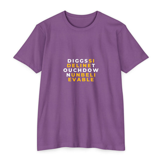 Purple Diggs sideline touchdown unbelievable Minnesota football T-shirt front view