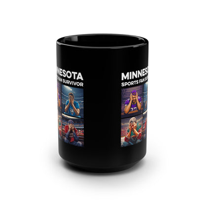 Black Minnesota Sports Fan Survivor coffee mug with vertically centered full-color design