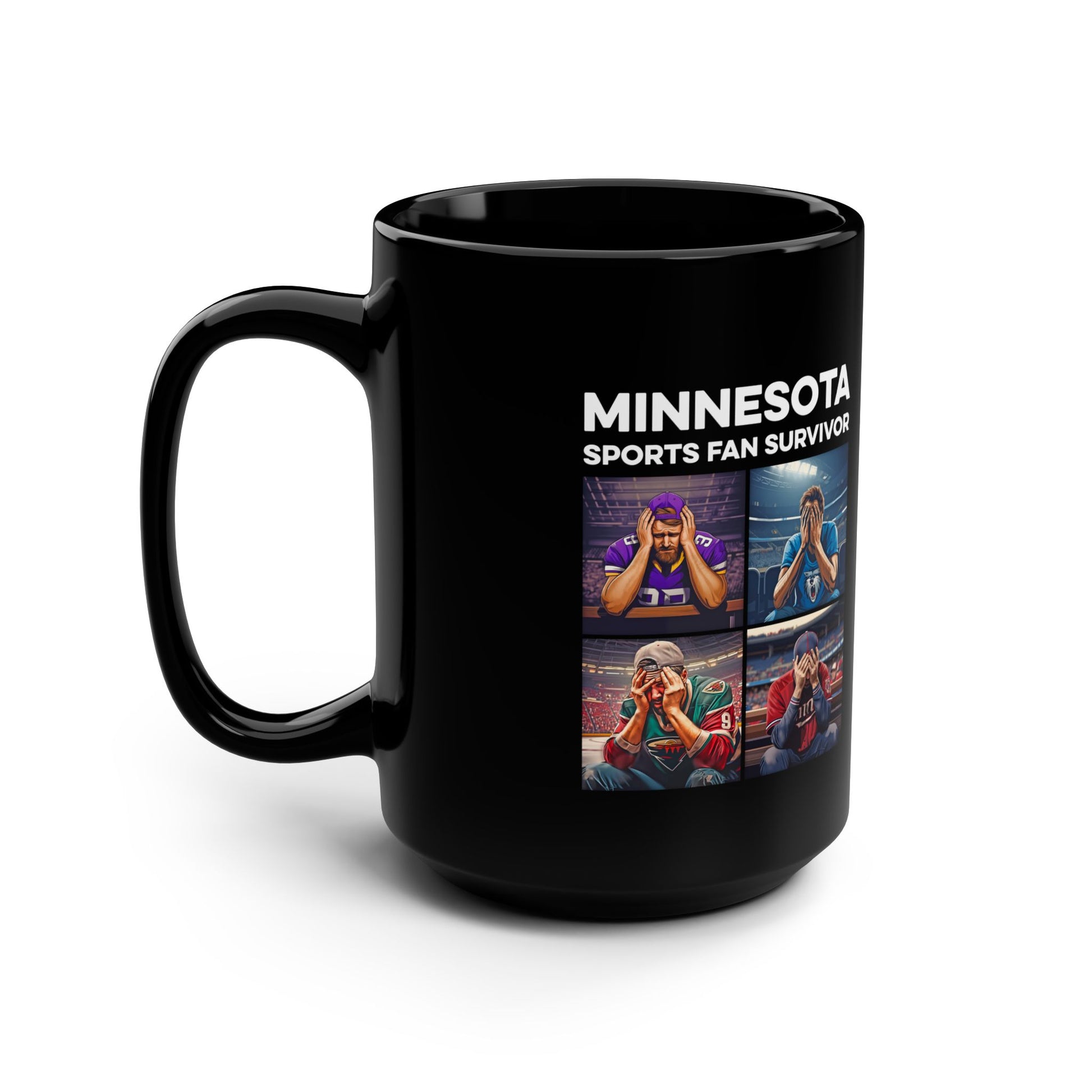 Black Minnesota Sports Fan Survivor coffee mug with vertically centered full-color design - product view 4