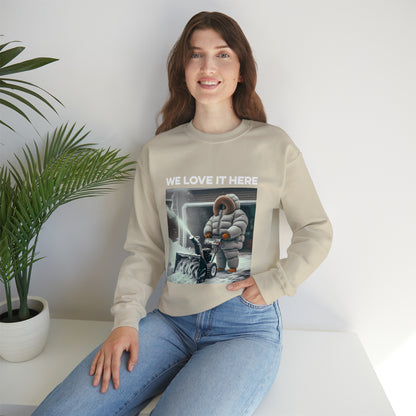 Minnesota "We Love It Here" Funny Snowblowing Crewneck Sweatshirt