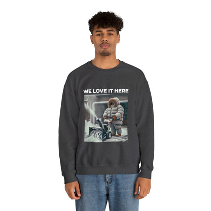 Minnesota "We Love It Here" Funny Snowblowing Crewneck Sweatshirt