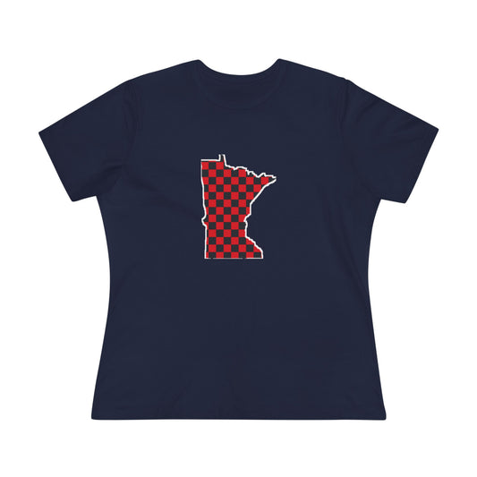 Women's red buffalo plaid Minnesota state T-shirt on hanger