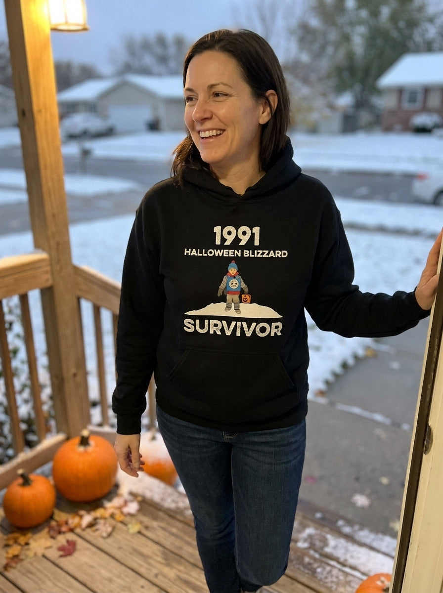1991 Halloween Blizzard Survivor hoodie worn on a snowy front porch
