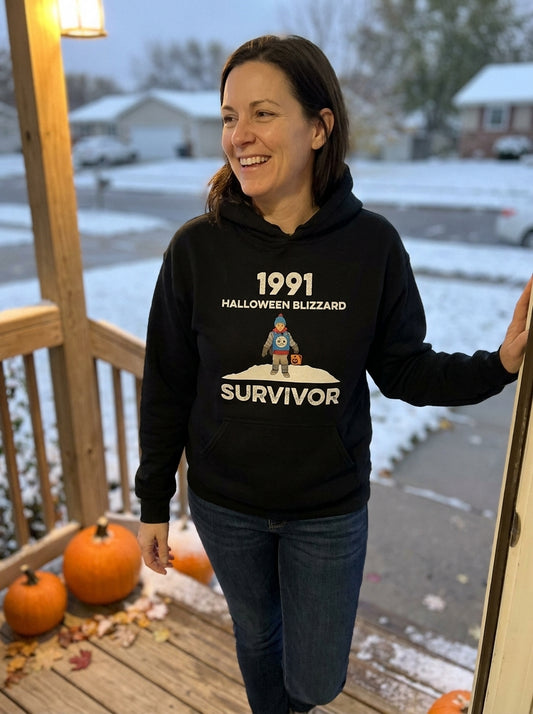 1991 Halloween Blizzard Survivor hoodie worn on a snowy front porch