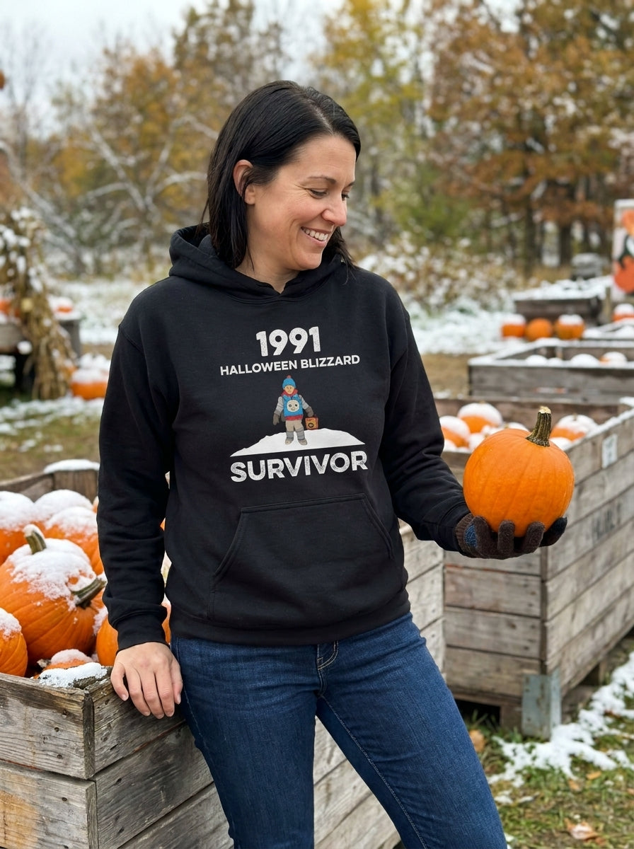 1991 Halloween Blizzard Survivor hoodie on a snowy pumpkin errand