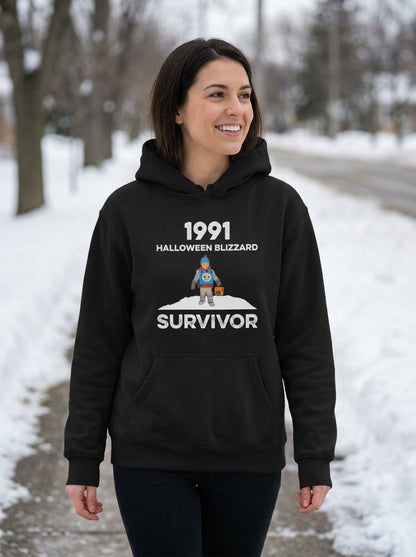 1991 Halloween Blizzard Survivor hoodie on a snowy walk