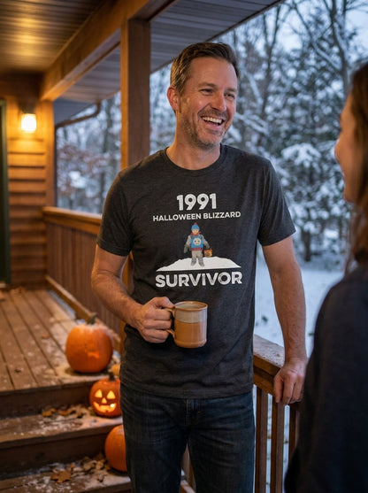 1991 Halloween Blizzard Survivor T-shirt worn on a snowy front porch