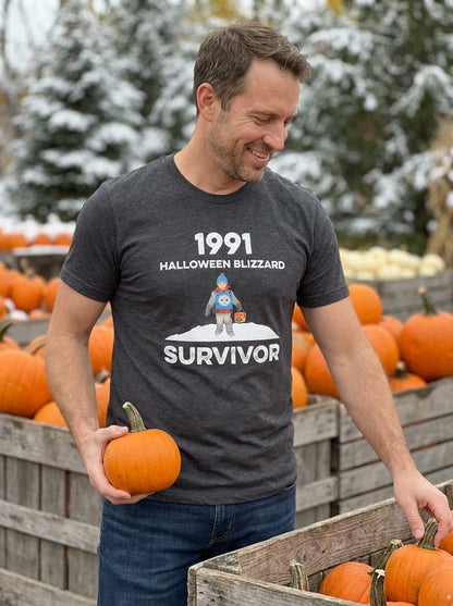 1991 Halloween Blizzard Survivor T-shirt on a snowy pumpkin errand