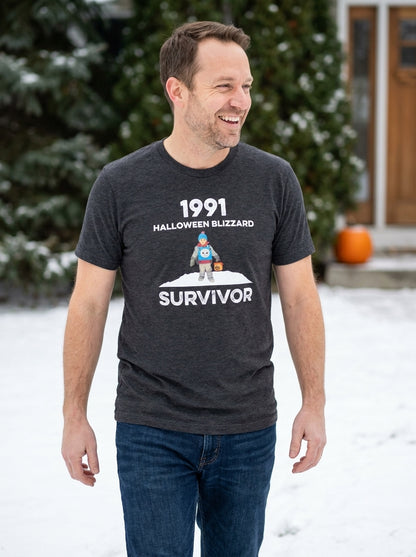 1991 Halloween Blizzard Survivor T-shirt on a snowy walk