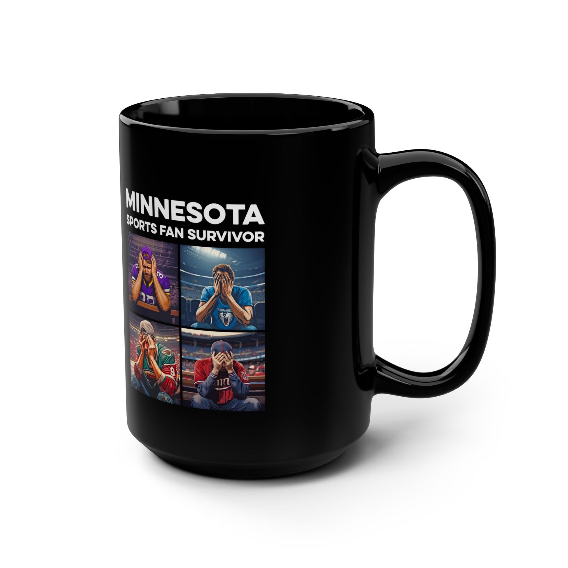 Black Minnesota Sports Fan Survivor coffee mug with vertically centered full-color design - product view 2