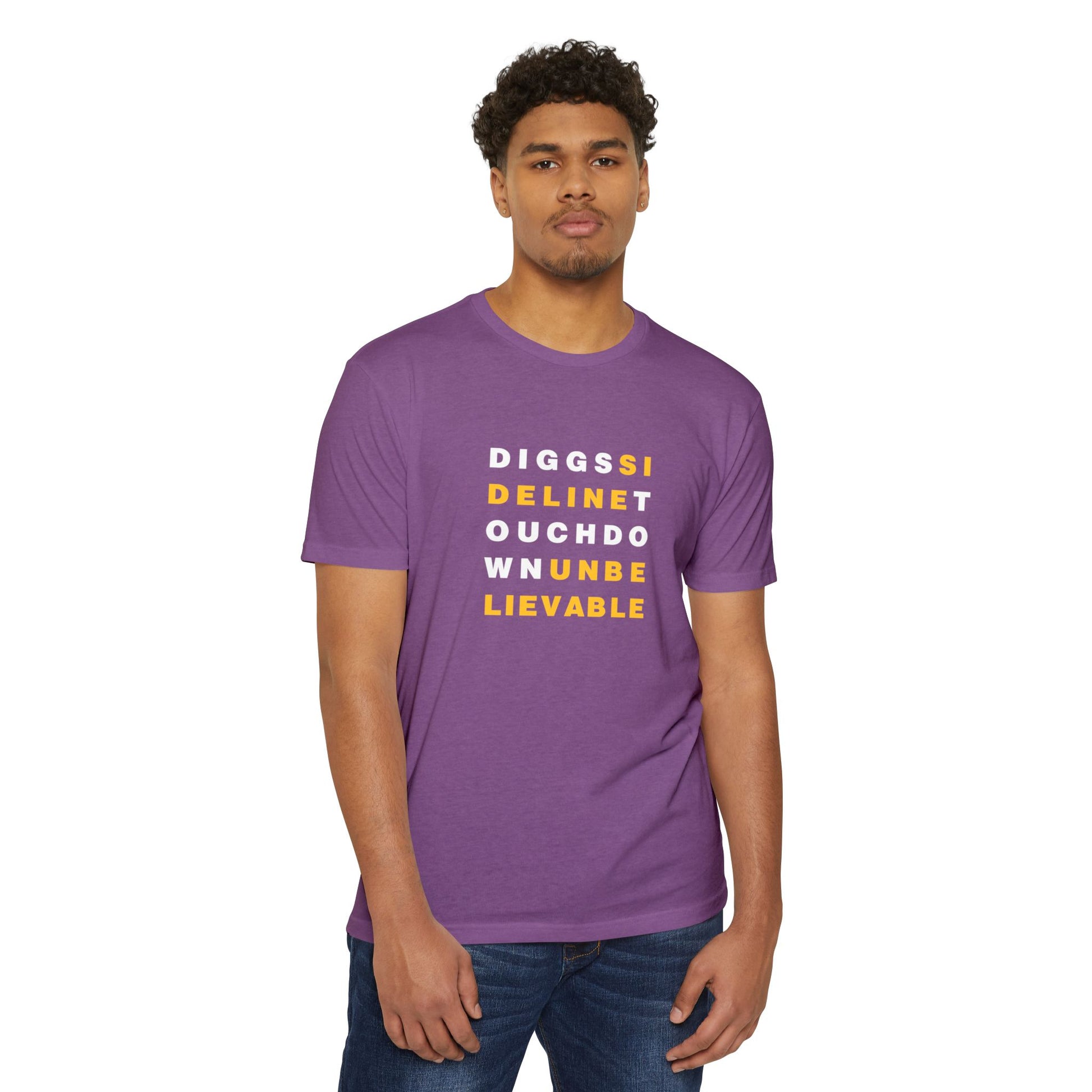 Model wearing purple Diggs sideline touchdown unbelievable Minnesota football T-shirt