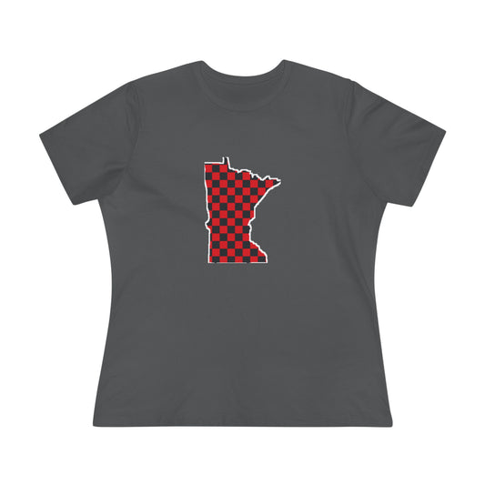 Women's red buffalo plaid Minnesota state T-shirt styled flat lay
