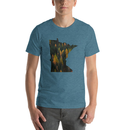 Minnesota Autumn Forest T-Shirt - MN Autumn Forest Design Shirt - Heather Deep Teal / S - Ope Life