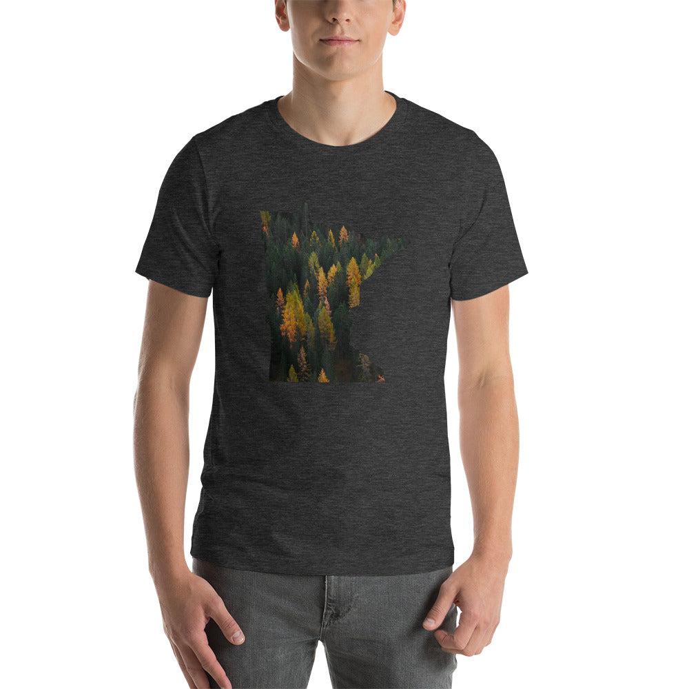 Minnesota Autumn Forest T-Shirt - MN Autumn Forest Design Shirt - Dark Grey Heather / XS - Ope Life