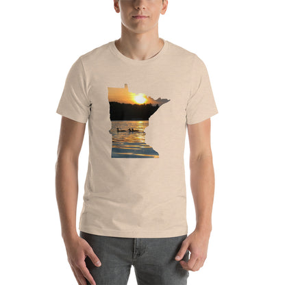 Loons On Minnesota Lake T-Shirt - MN Lake Reflection With Loons Shirt Design - Heather Dust / S - Ope Life