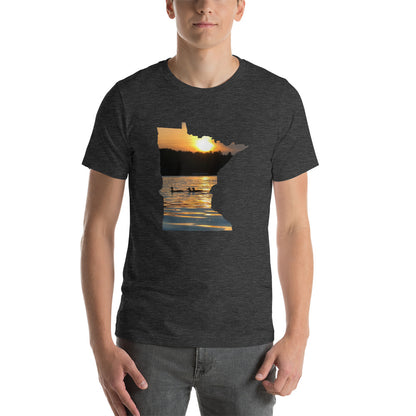 Loons On Minnesota Lake T-Shirt - MN Lake Reflection With Loons Shirt Design - Dark Grey Heather / XS - Ope Life