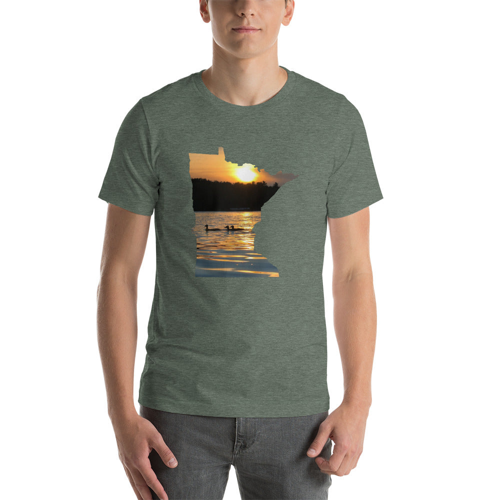 Loons On Minnesota Lake T-Shirt - MN Lake Reflection With Loons Shirt Design - Heather Forest / S - Ope Life