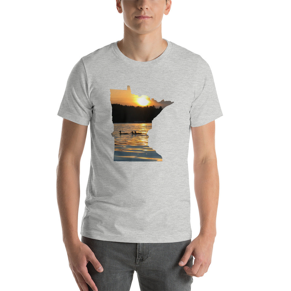 Loons On Minnesota Lake T-Shirt - MN Lake Reflection With Loons Shirt Design - Athletic Heather / S - Ope Life