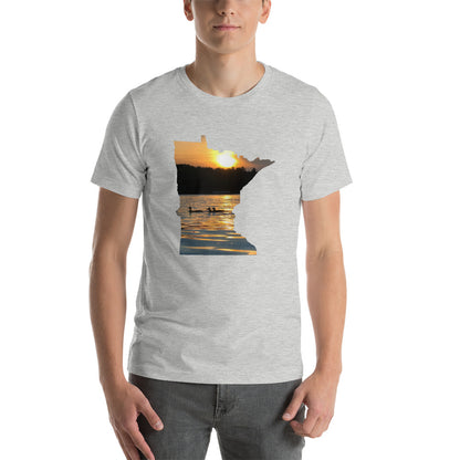 Loons On Minnesota Lake T-Shirt - MN Lake Reflection With Loons Shirt Design - Athletic Heather / S - Ope Life