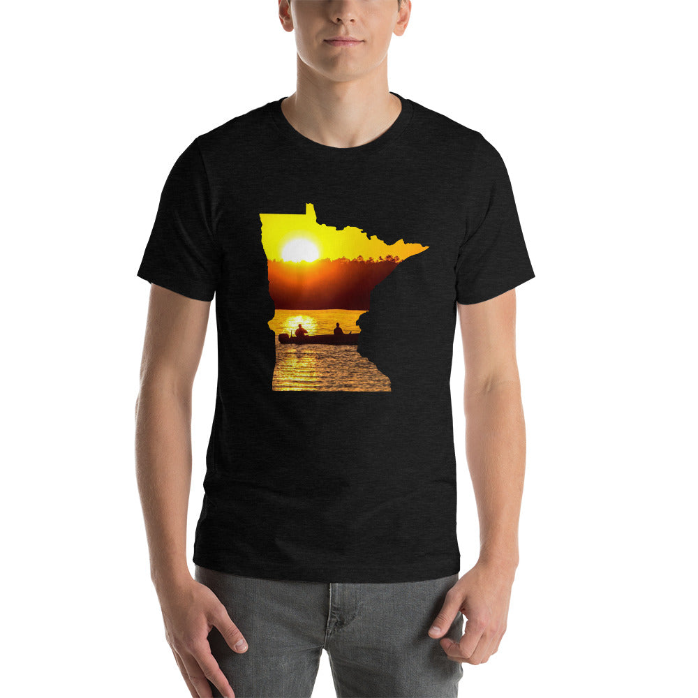 Minnesota Lake Reflection Fisherman In Boat T-Shirt - MN Up North Fishing Sunset Design Shirt - Black Heather / XS - Ope Life
